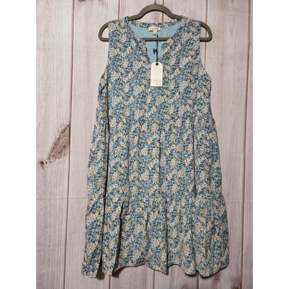 Cotton Bleu Dress Ladies Medium Blue Floral V Neck Tiered Sleeveless Mini